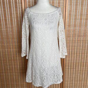 Fashion Union white lace mini dress with off shoulder bell sleeves
